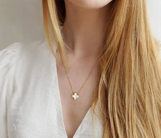 14K Solid Gold White Clover Necklace