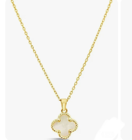 14K Solid Gold White Clover Necklace